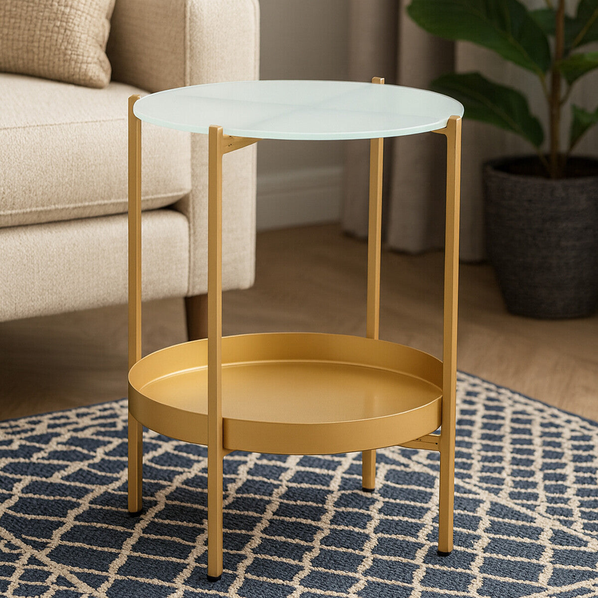 Gold Iron Two-Tier Side Table With Glass Top & Lower Shelf, Pali