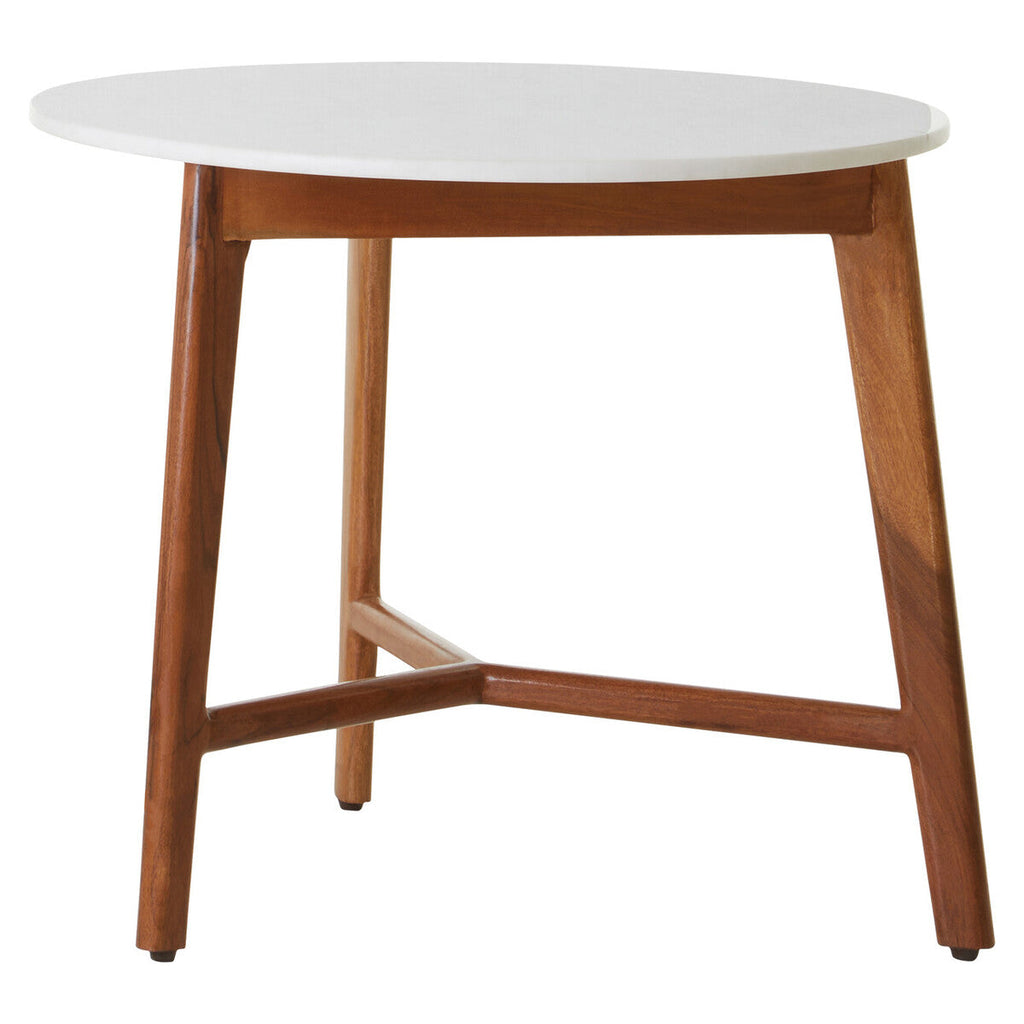 White Marble Top Round Side Table With Sustainable Acacia Wood Base, Myan