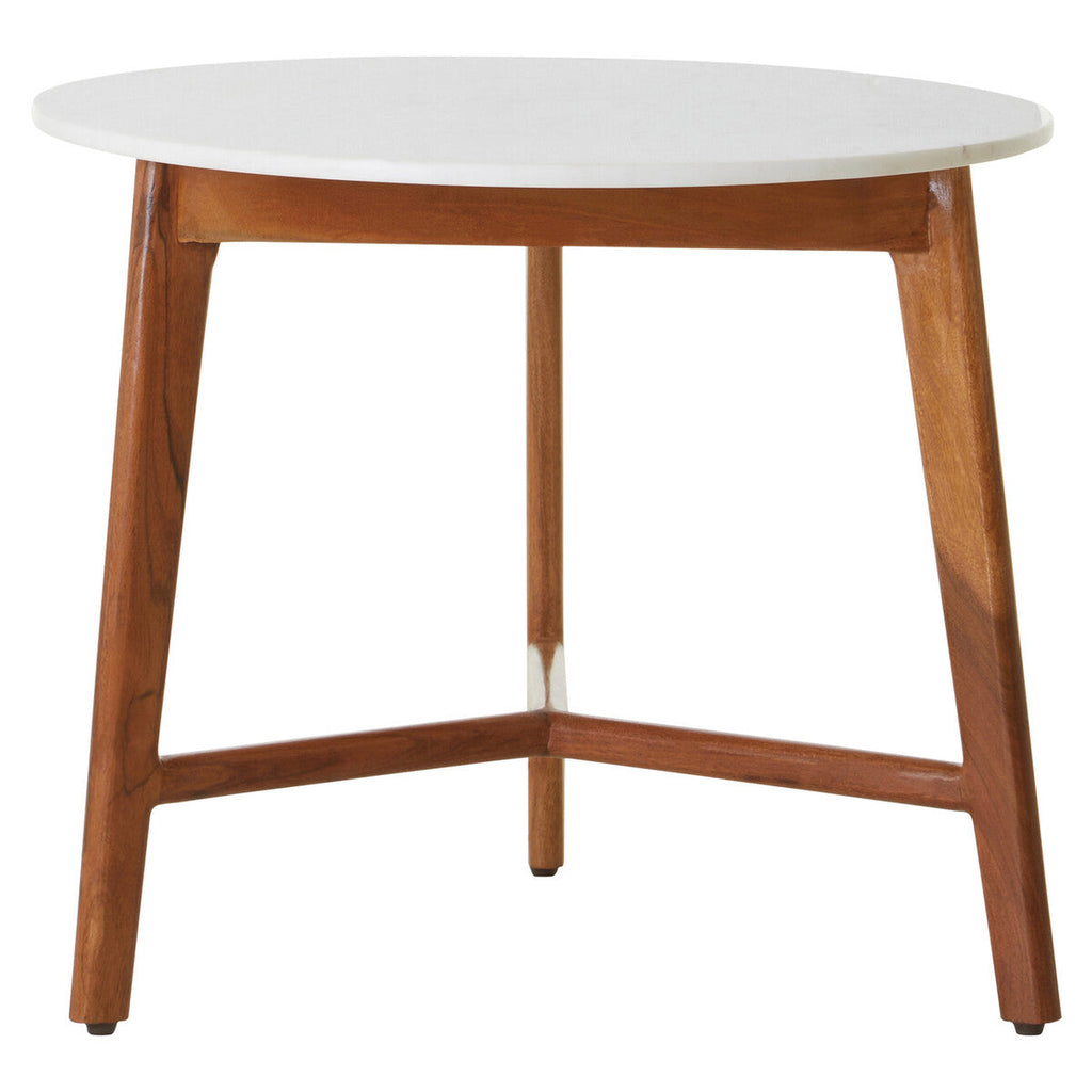 White Marble Top Round Side Table With Sustainable Acacia Wood Base, Myan