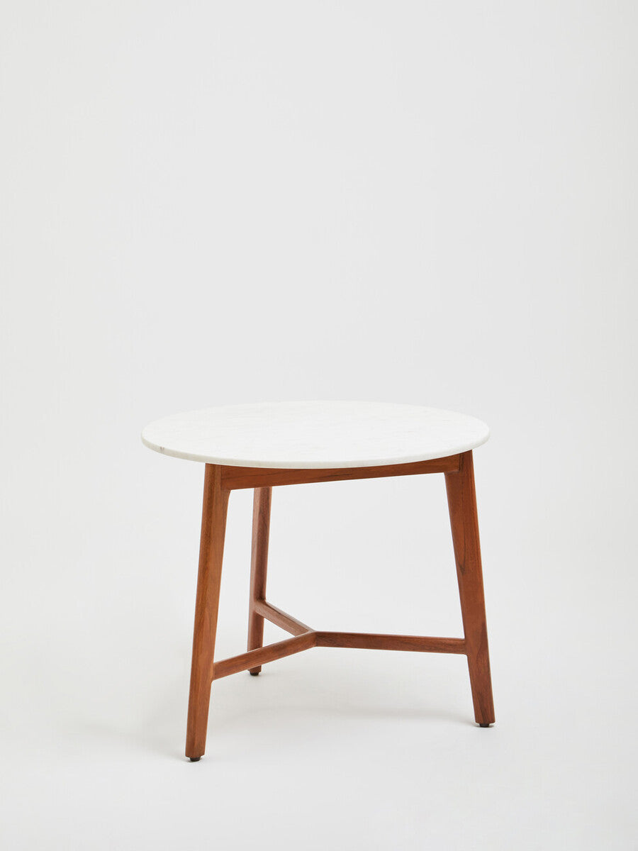 White Marble Top Round Side Table With Sustainable Acacia Wood Base, Myan