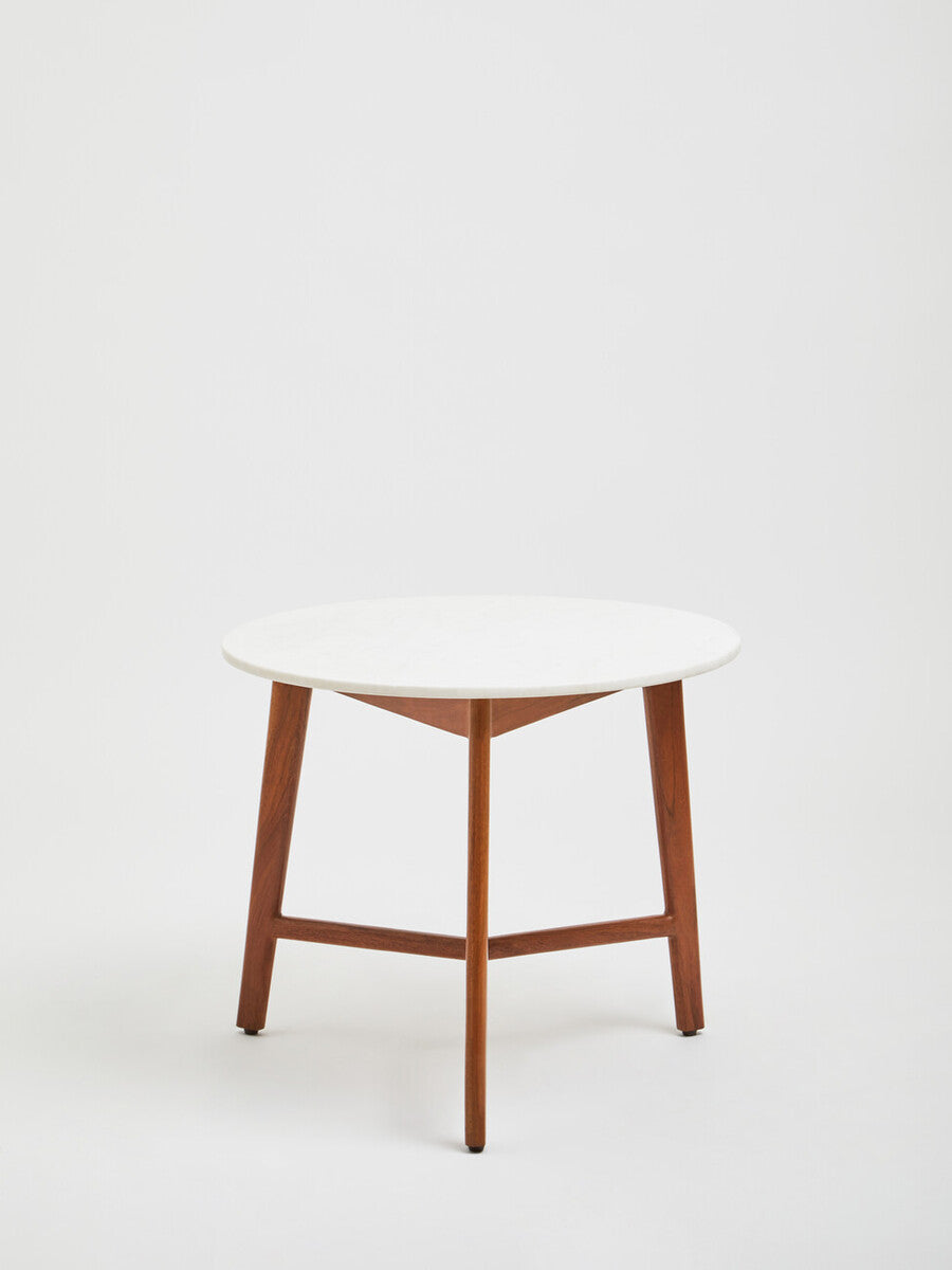 White Marble Top Round Side Table With Sustainable Acacia Wood Base, Myan