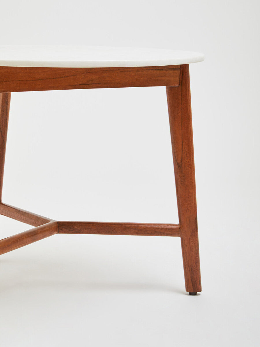 White Marble Top Round Side Table With Sustainable Acacia Wood Base, Myan
