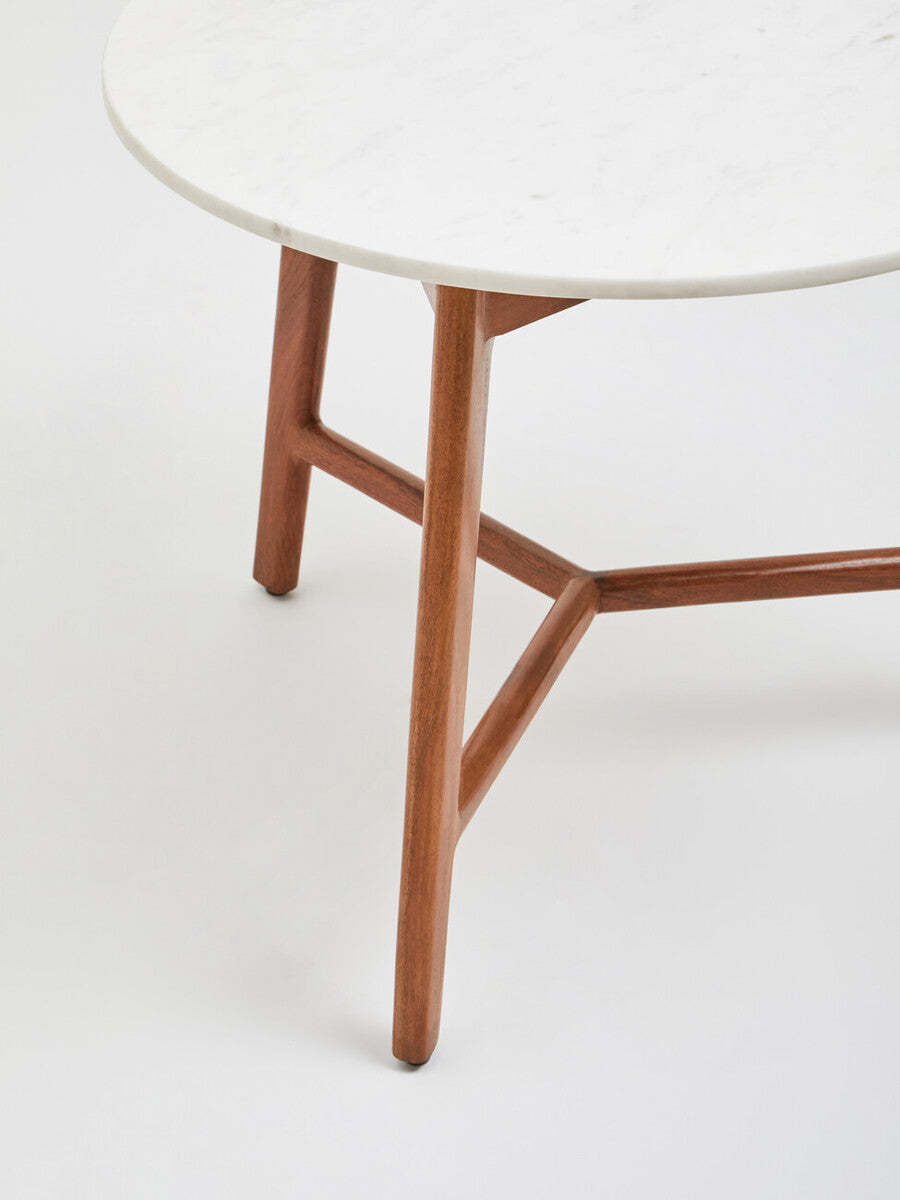 White Marble Top Round Side Table With Sustainable Acacia Wood Base, Myan