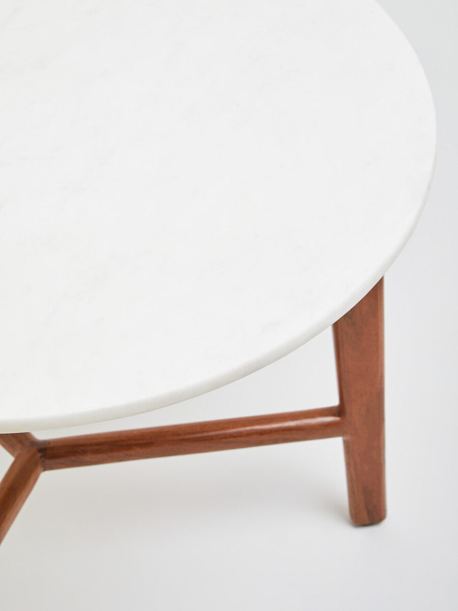 White Marble Top Round Side Table With Sustainable Acacia Wood Base, Myan