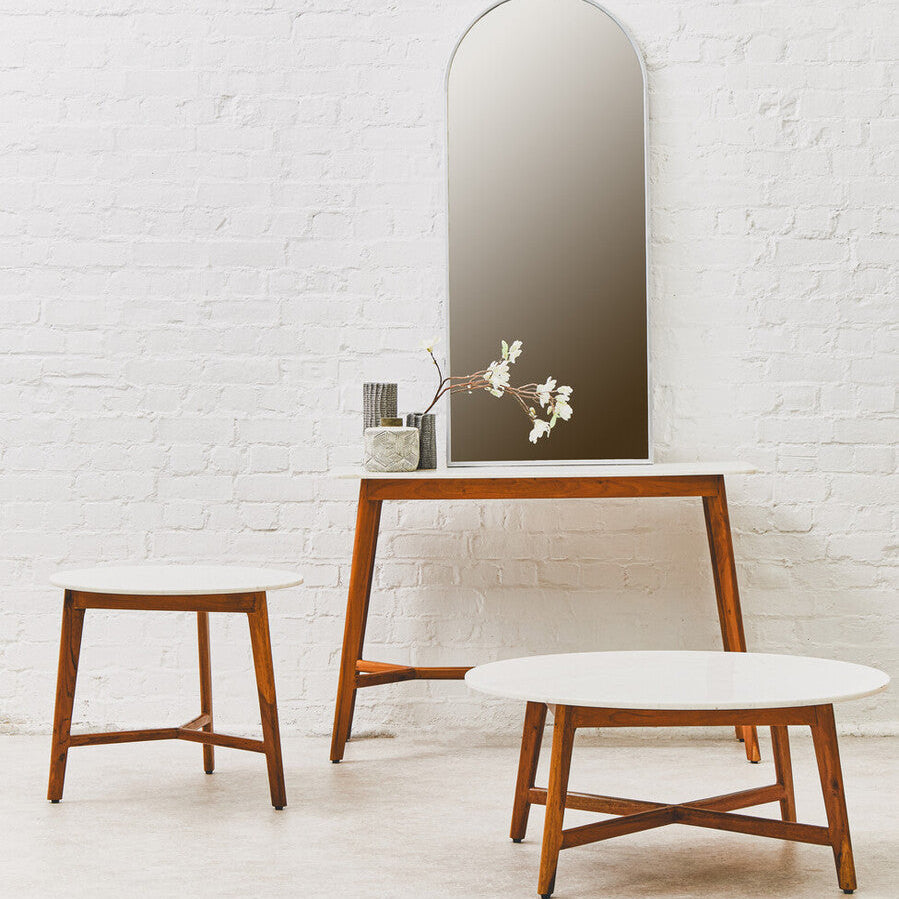 White Marble Top Round Side Table With Sustainable Acacia Wood Base, Myan