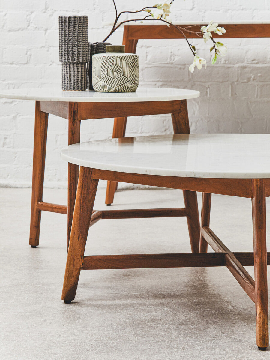 White Marble Top Round Side Table With Sustainable Acacia Wood Base, Myan