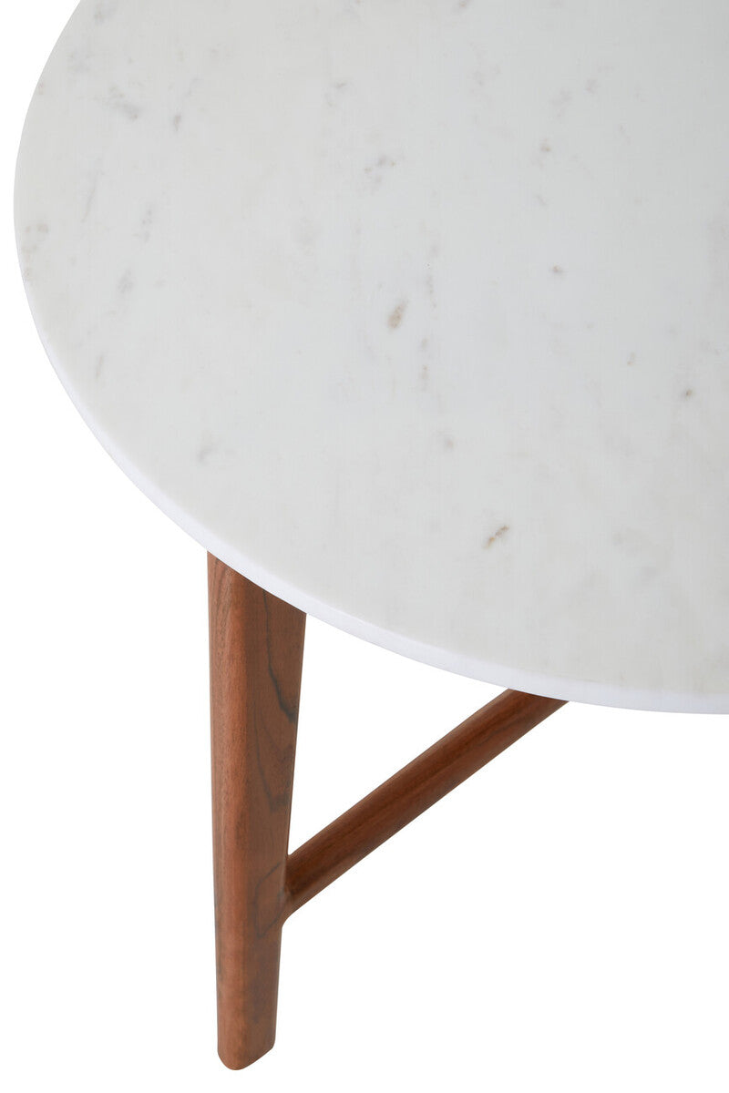 White Marble Top Round Side Table With Sustainable Acacia Wood Base, Myan