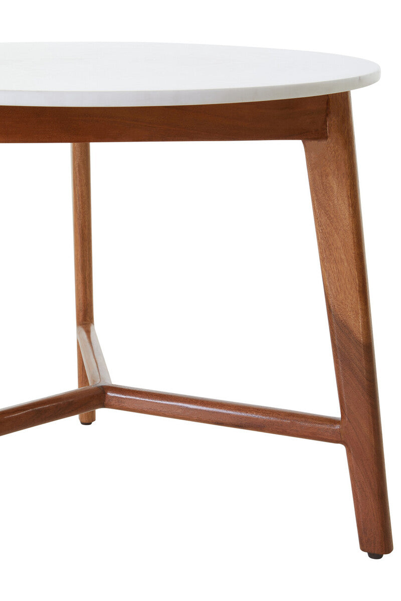 White Marble Top Round Side Table With Sustainable Acacia Wood Base, Myan