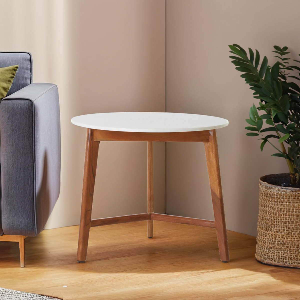 White Marble Top Round Side Table With Sustainable Acacia Wood Base, Myan