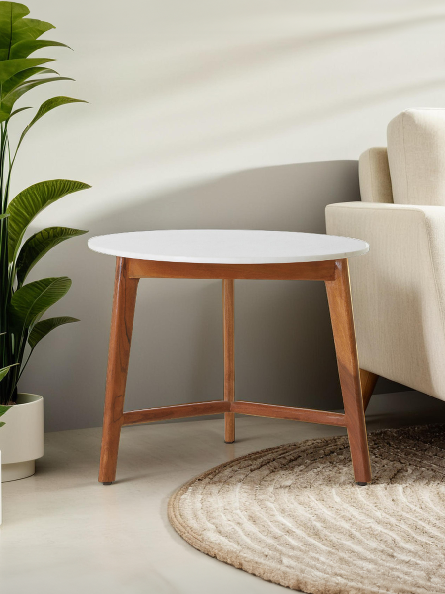 White Marble Top Round Side Table With Sustainable Acacia Wood Base, Myan