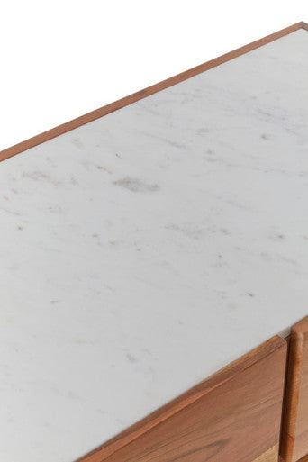 Myan 3 Drawer Acacia Wood White Marble Sideboard