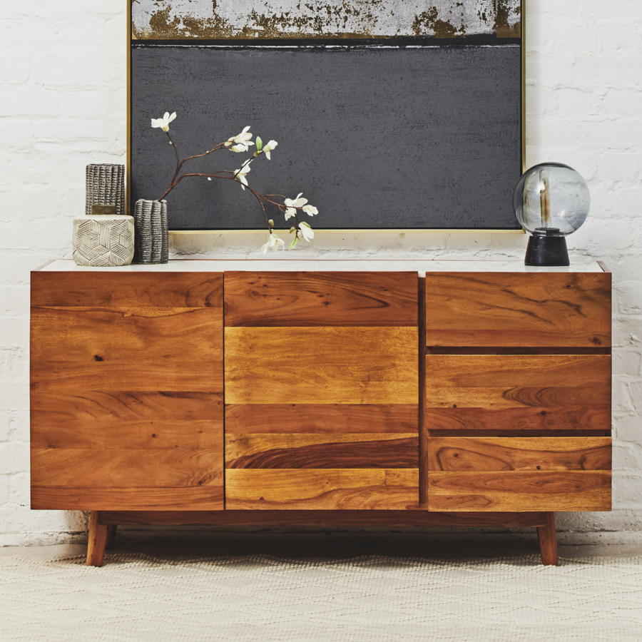 Myan 3 Drawer Acacia Wood White Marble Sideboard