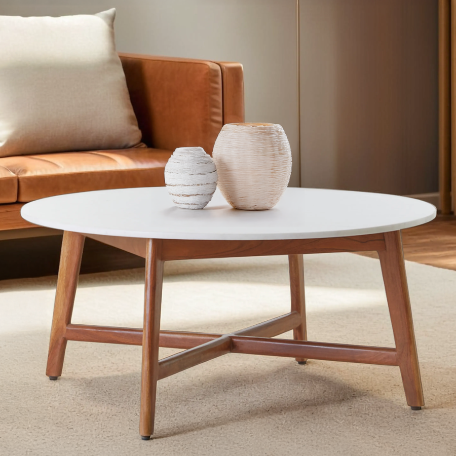 White Marble Round Top Coffee Table With Acacia Wood Legs, Myan