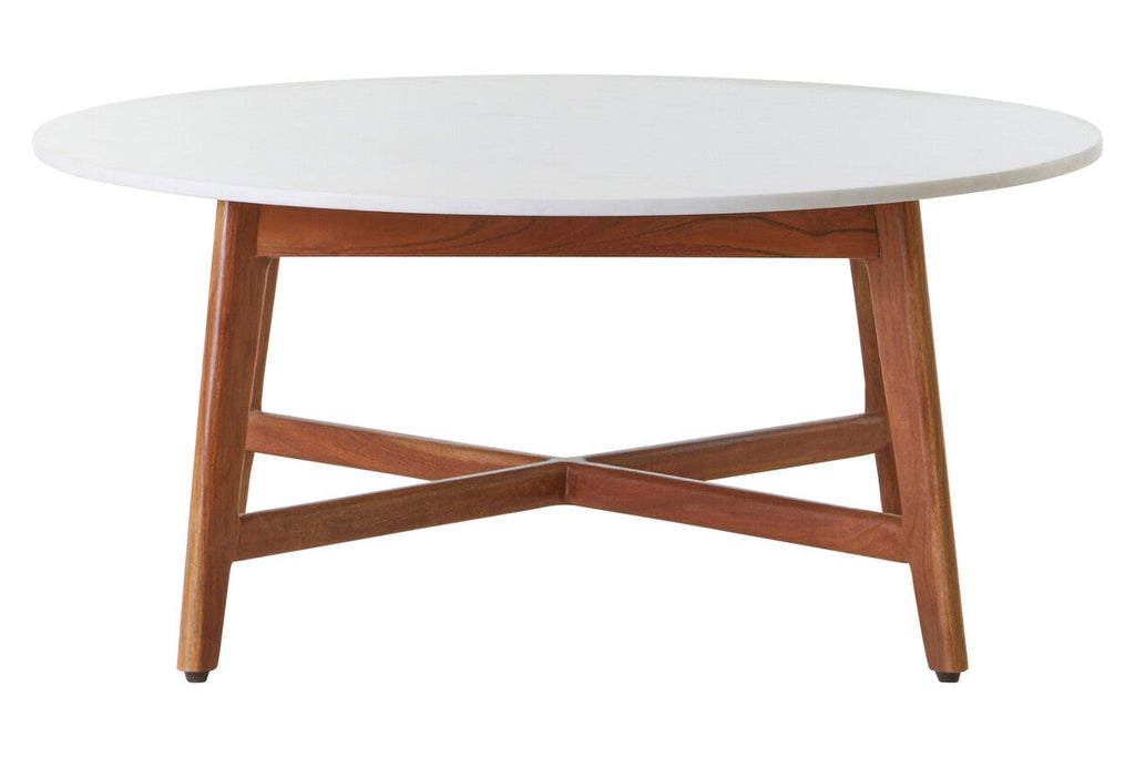 White Marble Round Top Coffee Table With Acacia Wood Legs, Myan
