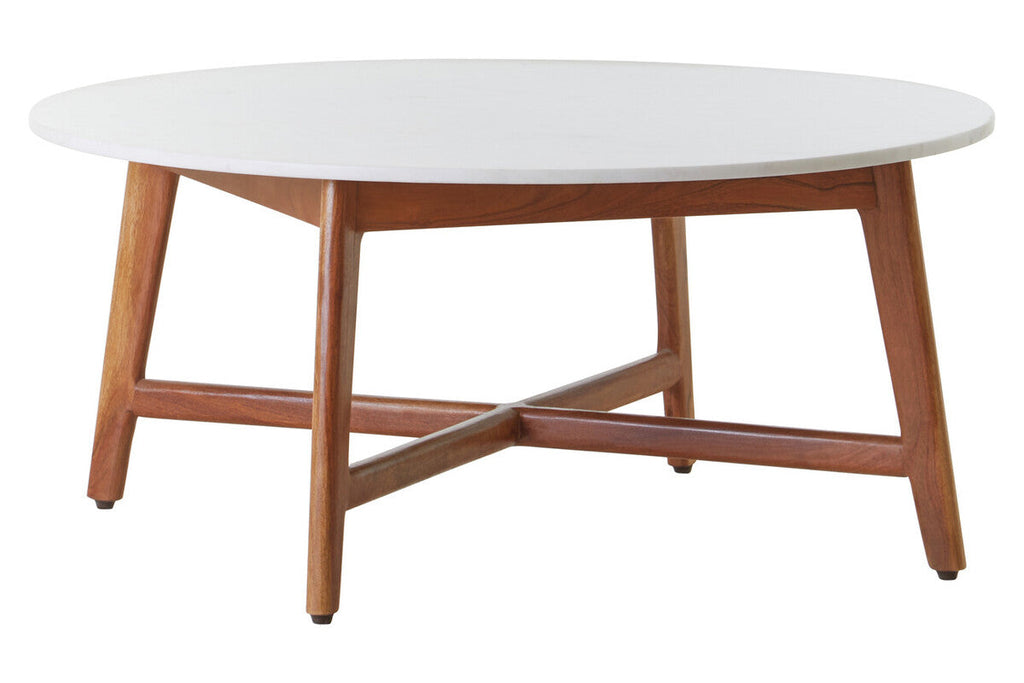 White Marble Round Top Coffee Table With Acacia Wood Legs, Myan