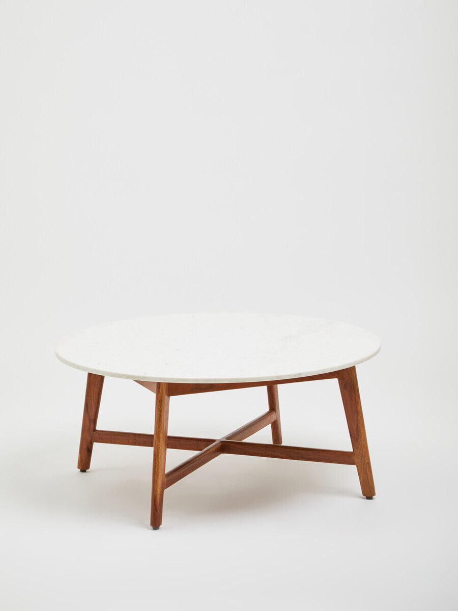 White Marble Round Top Coffee Table With Acacia Wood Legs, Myan