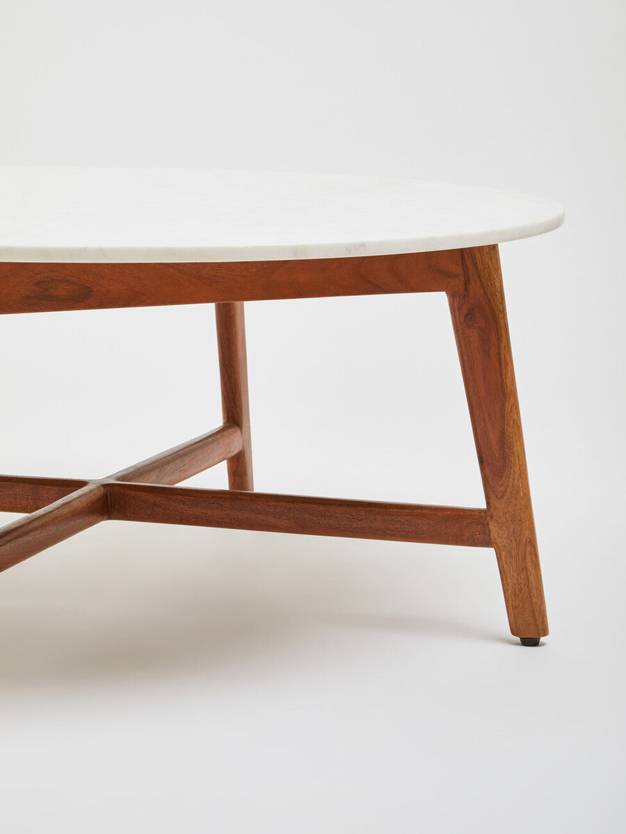 White Marble Round Top Coffee Table With Acacia Wood Legs, Myan