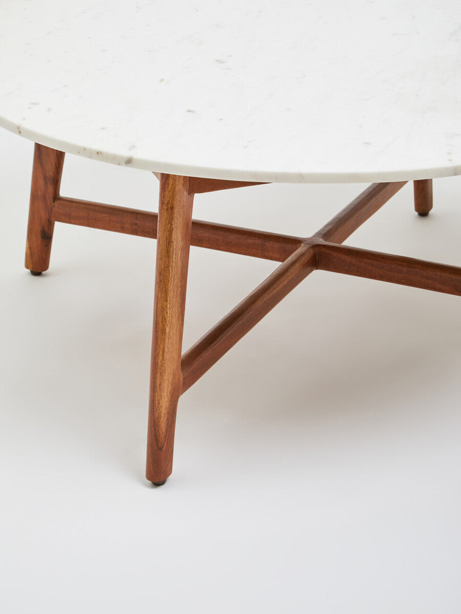 White Marble Round Top Coffee Table With Acacia Wood Legs, Myan