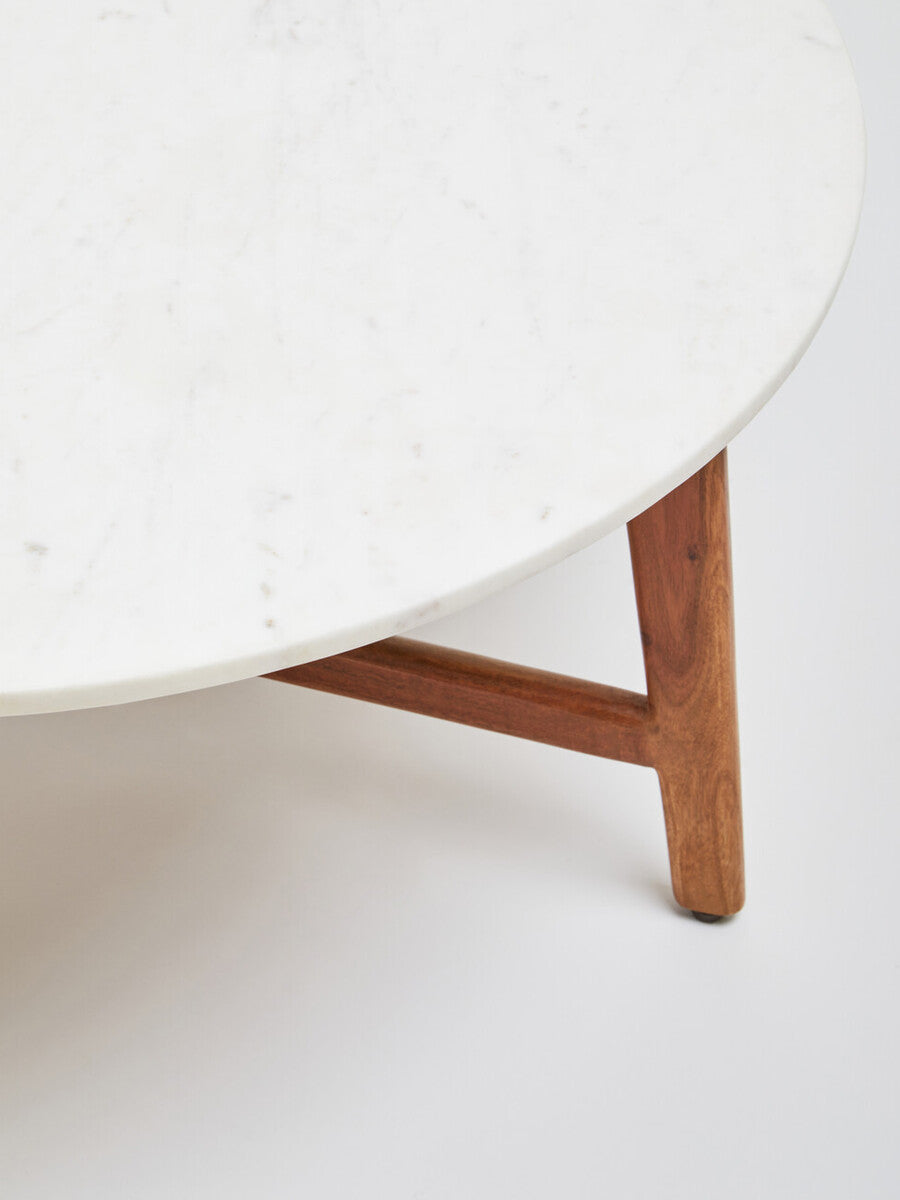 White Marble Round Top Coffee Table With Acacia Wood Legs, Myan