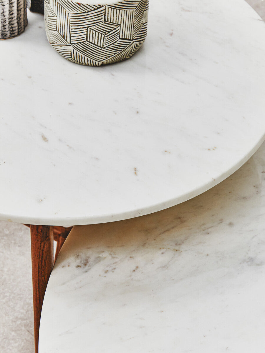 White Marble Round Top Coffee Table With Acacia Wood Legs, Myan
