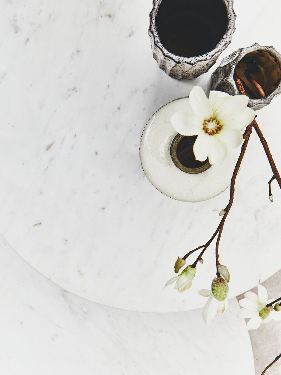 White Marble Round Top Coffee Table With Acacia Wood Legs, Myan