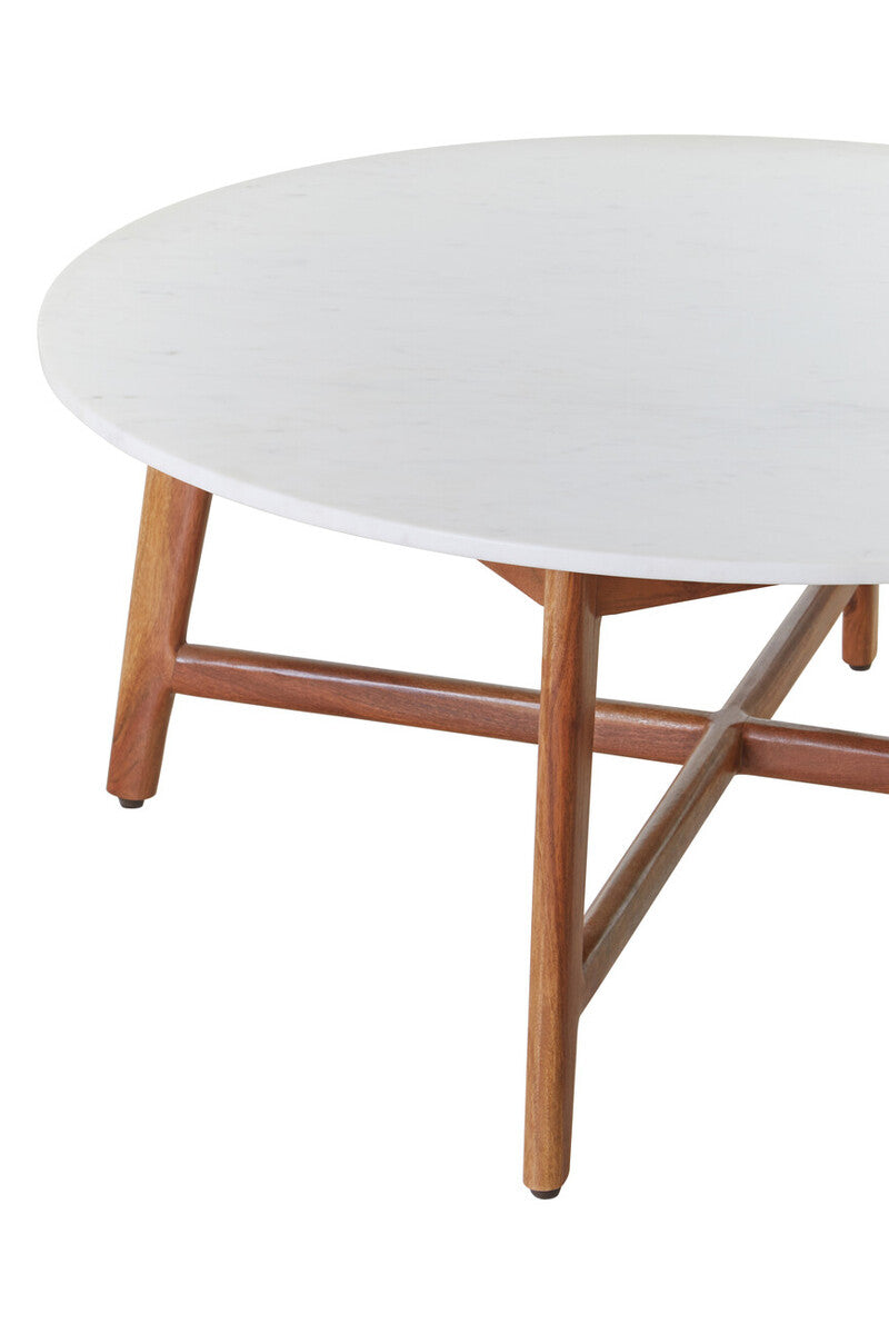 White Marble Round Top Coffee Table With Acacia Wood Legs, Myan