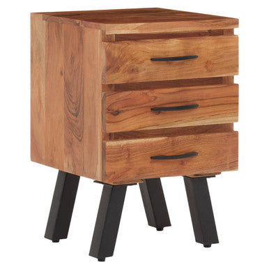 Natural Acacia Wood 3-Drawer Side Table With Black Metal Legs & Handles, Nashik