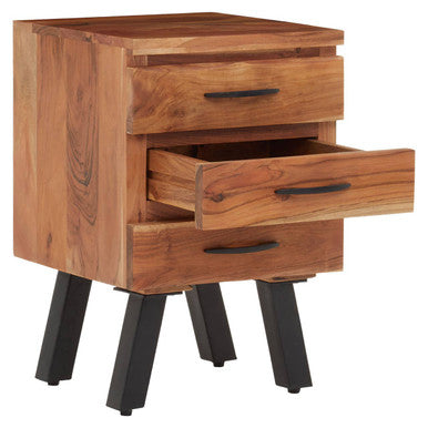 Natural Acacia Wood 3-Drawer Side Table With Black Metal Legs & Handles, Nashik