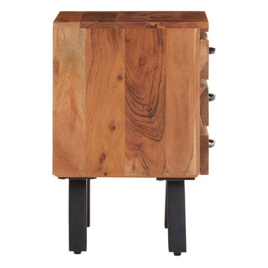 Natural Acacia Wood 3-Drawer Side Table With Black Metal Legs & Handles, Nashik