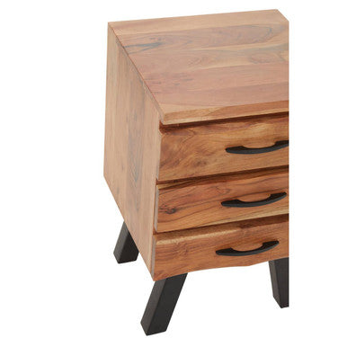 Natural Acacia Wood 3-Drawer Side Table With Black Metal Legs & Handles, Nashik