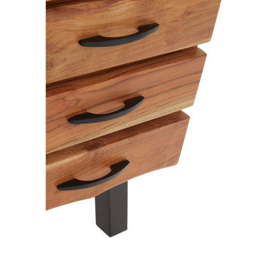 Natural Acacia Wood 3-Drawer Side Table With Black Metal Legs & Handles, Nashik