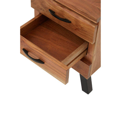 Natural Acacia Wood 3-Drawer Side Table With Black Metal Legs & Handles, Nashik