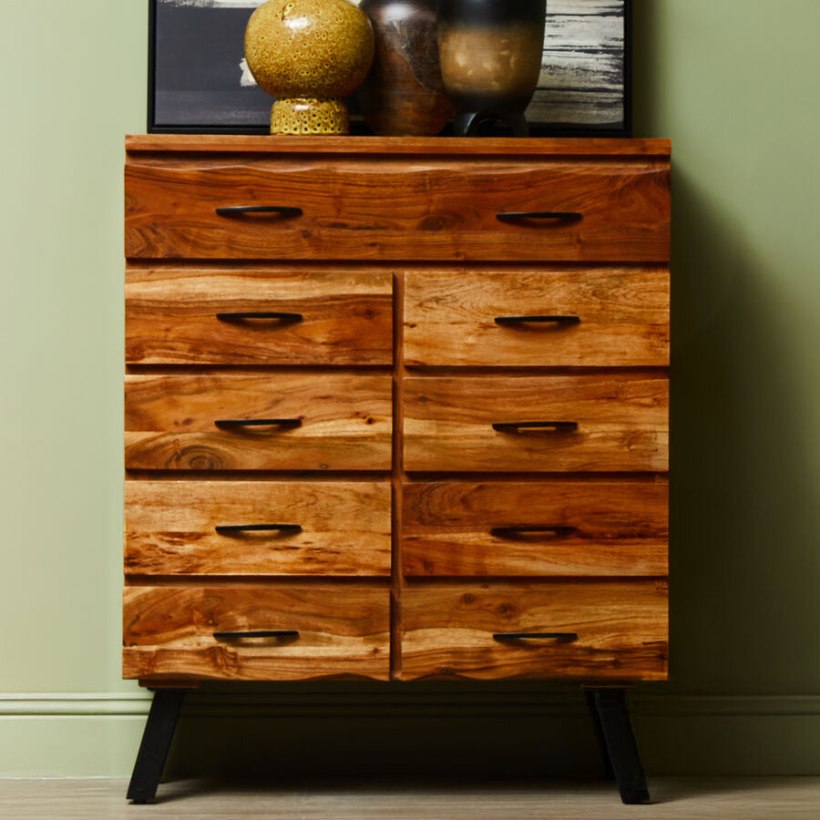 Nashik 9 Drawer Acacia Chest Acacia Wood Black Industrial