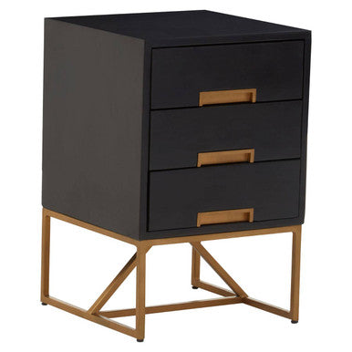 Black Mango Wood 3-Drawer Side Table With Gold Iron Legs & Handles, Kochi