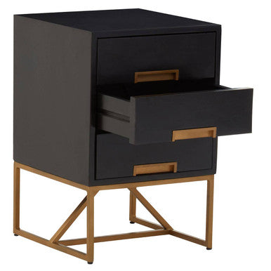 Black Mango Wood 3-Drawer Side Table With Gold Iron Legs & Handles, Kochi