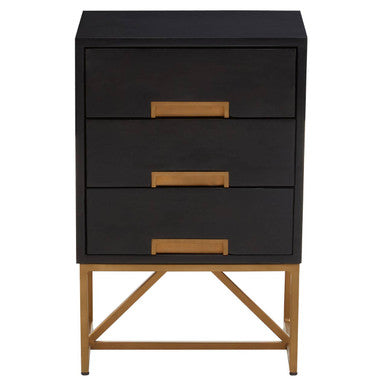 Black Mango Wood 3-Drawer Side Table With Gold Iron Legs & Handles, Kochi