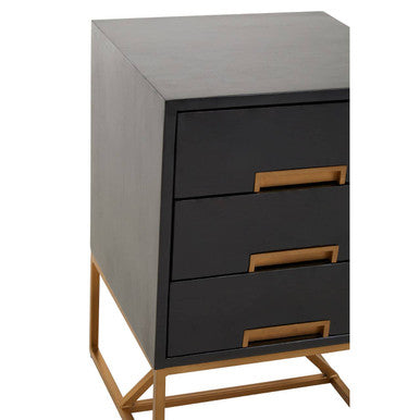 Black Mango Wood 3-Drawer Side Table With Gold Iron Legs & Handles, Kochi