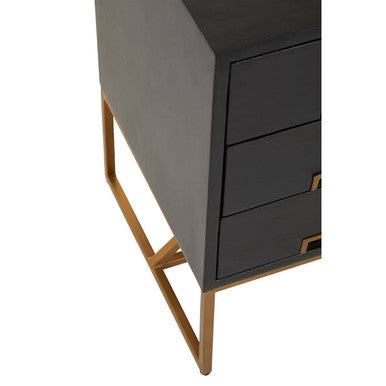 Black Mango Wood 3-Drawer Side Table With Gold Iron Legs & Handles, Kochi