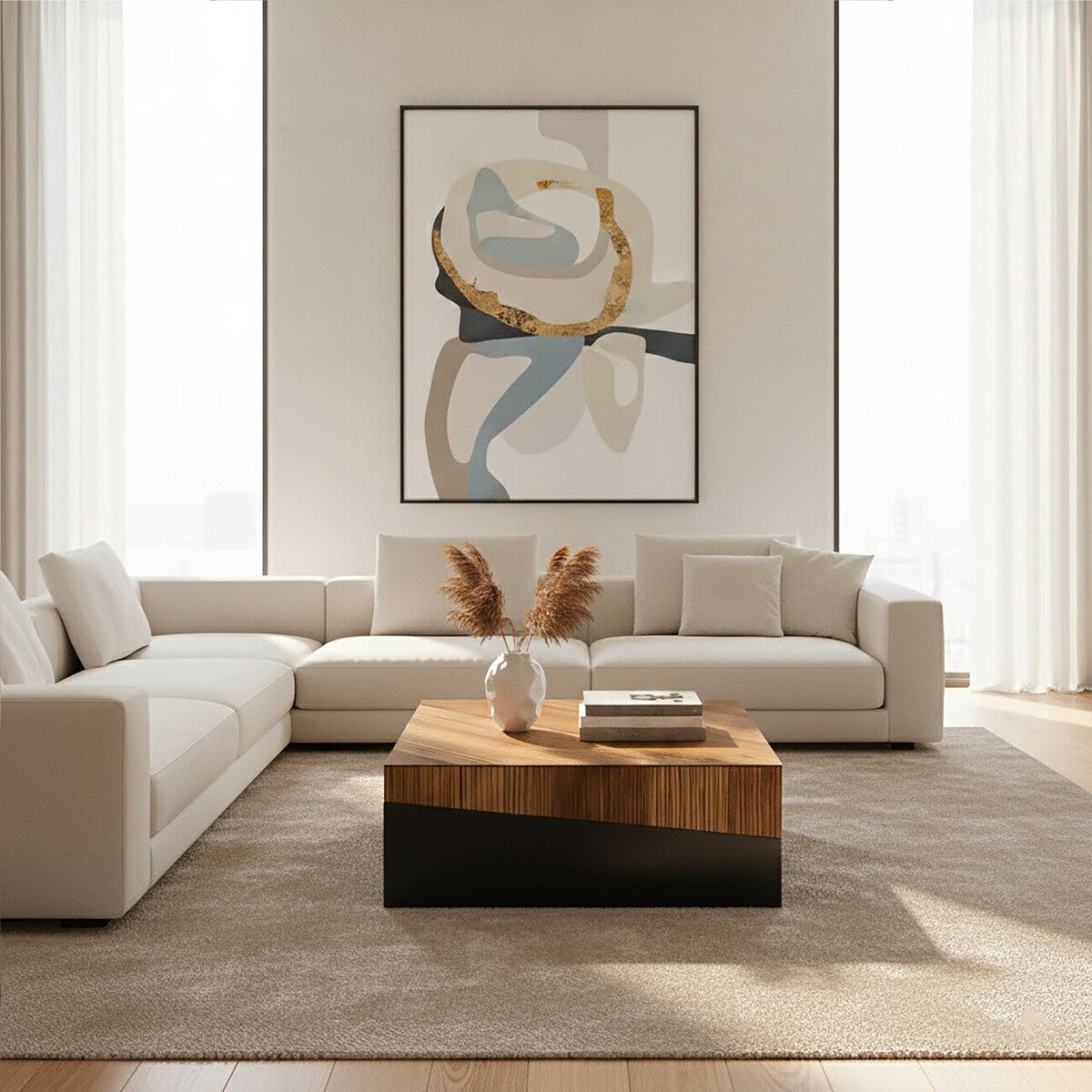 Two Tone Natural Bamboo Square Large Coffee Table With Dark Ebony Base, Gabor