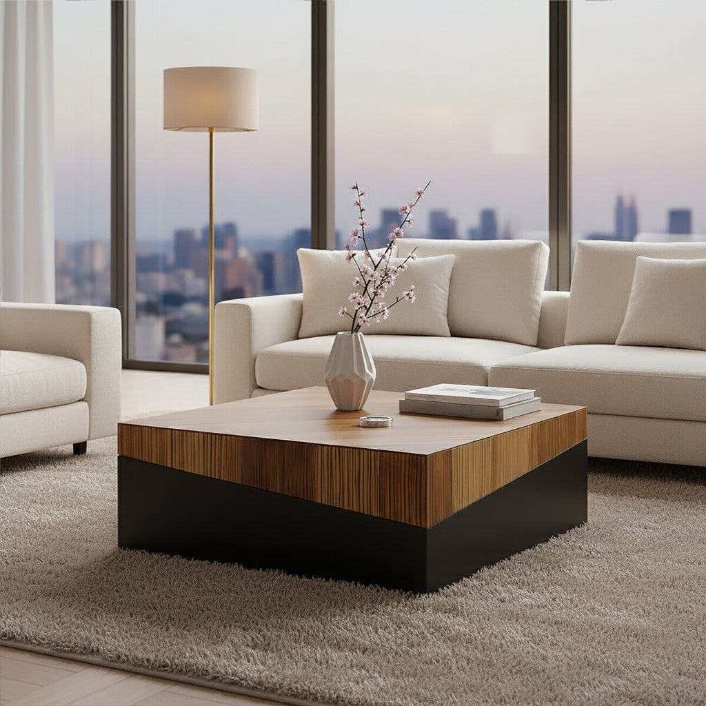 Two Tone Natural Bamboo Square Large Coffee Table With Dark Ebony Base, Gabor