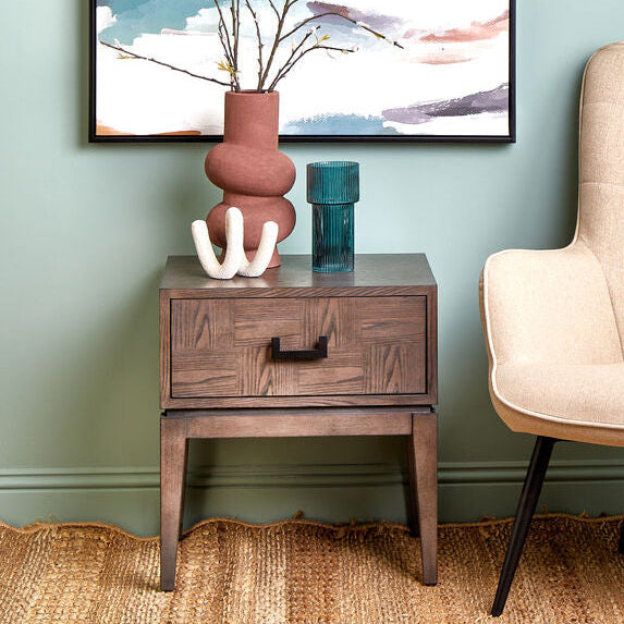 Antique Grey 1-Drawer Side Table With Wooden Legs & Black Metal Handle, Dimaro