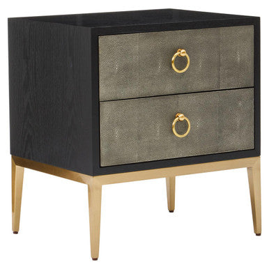 Grey Shagreen 2-Drawer Side Table With Black Top & Gold Metal Legs, Deruta
