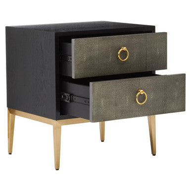 Grey Shagreen 2-Drawer Side Table With Black Top & Gold Metal Legs, Deruta
