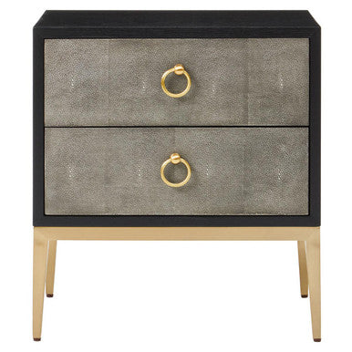 Grey Shagreen 2-Drawer Side Table With Black Top & Gold Metal Legs, Deruta