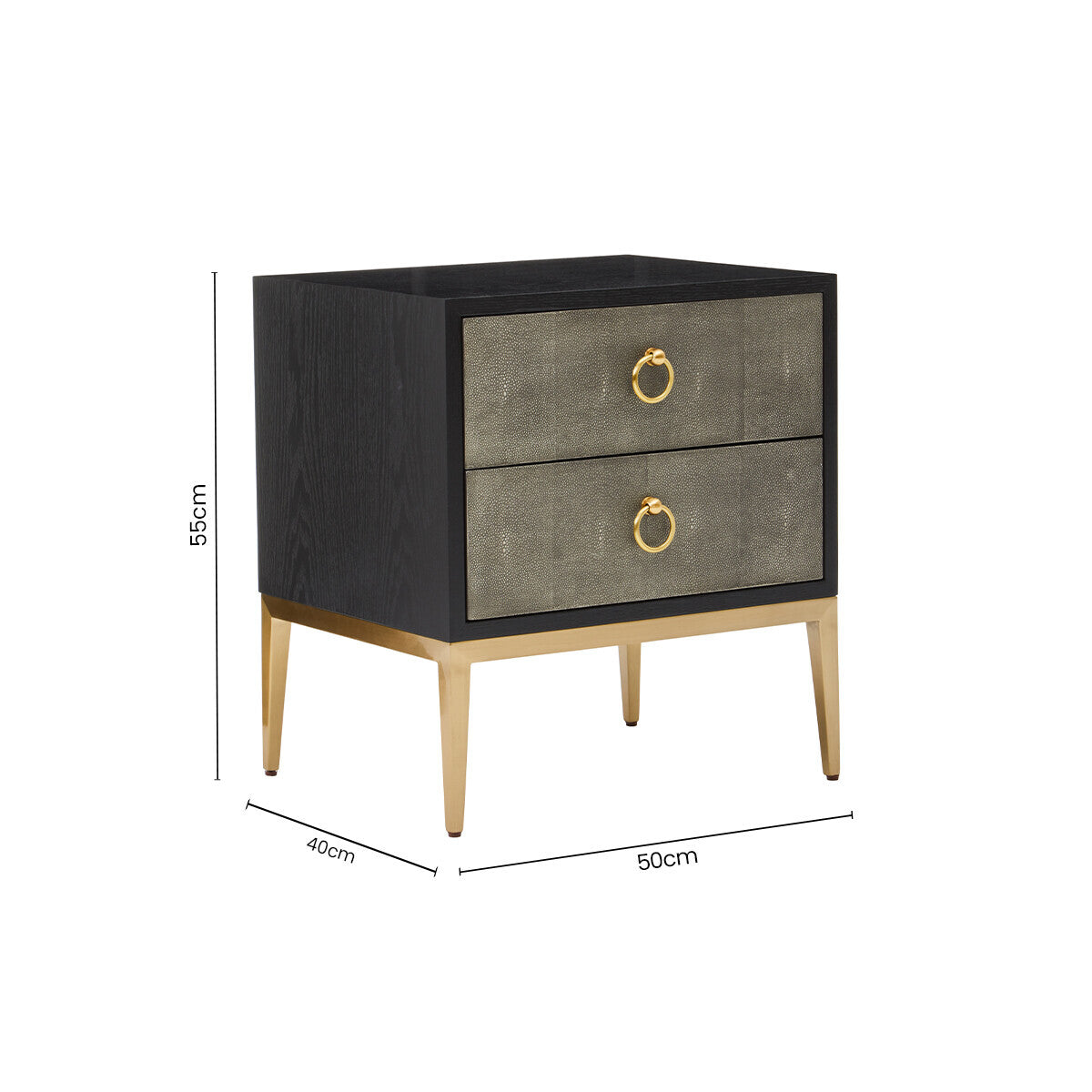 Grey Shagreen 2-Drawer Side Table With Black Top & Gold Metal Legs, Deruta
