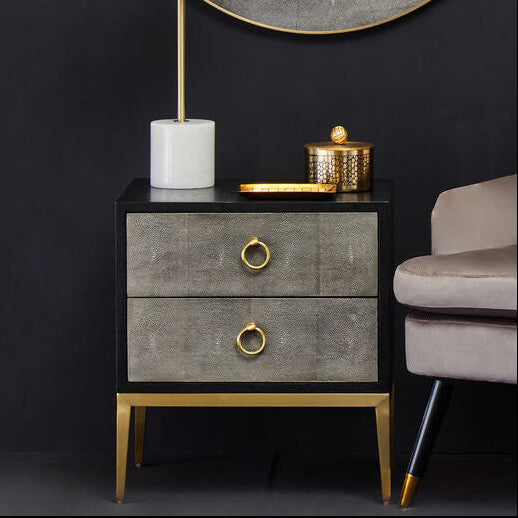 Grey Shagreen 2-Drawer Side Table With Black Top & Gold Metal Legs, Deruta