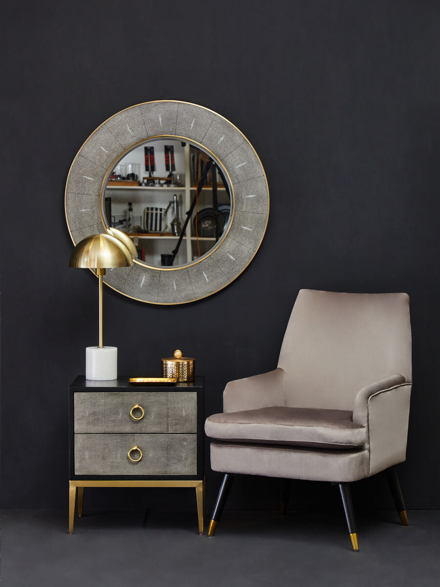 Grey Shagreen 2-Drawer Side Table With Black Top & Gold Metal Legs, Deruta