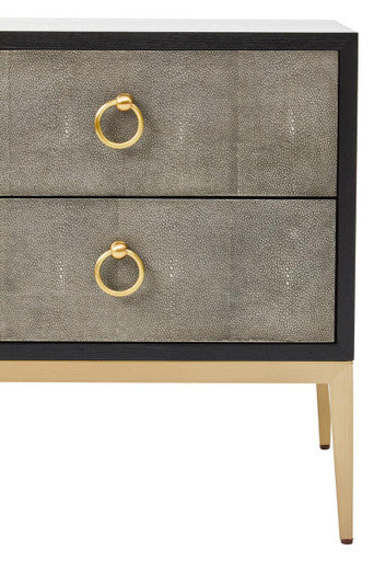 Grey Shagreen 2-Drawer Side Table With Black Top & Gold Metal Legs, Deruta
