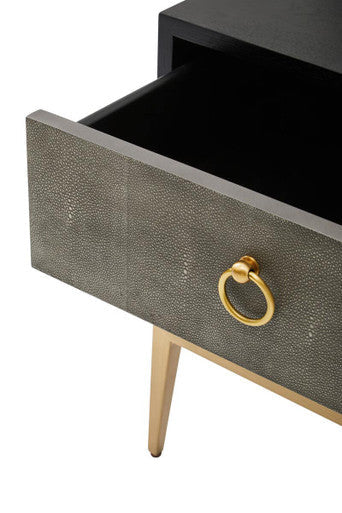 Grey Shagreen 2-Drawer Side Table With Black Top & Gold Metal Legs, Deruta