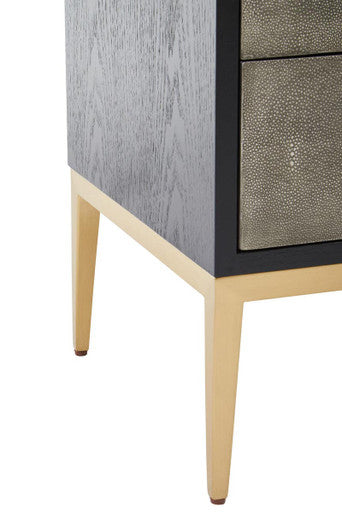 Grey Shagreen 2-Drawer Side Table With Black Top & Gold Metal Legs, Deruta